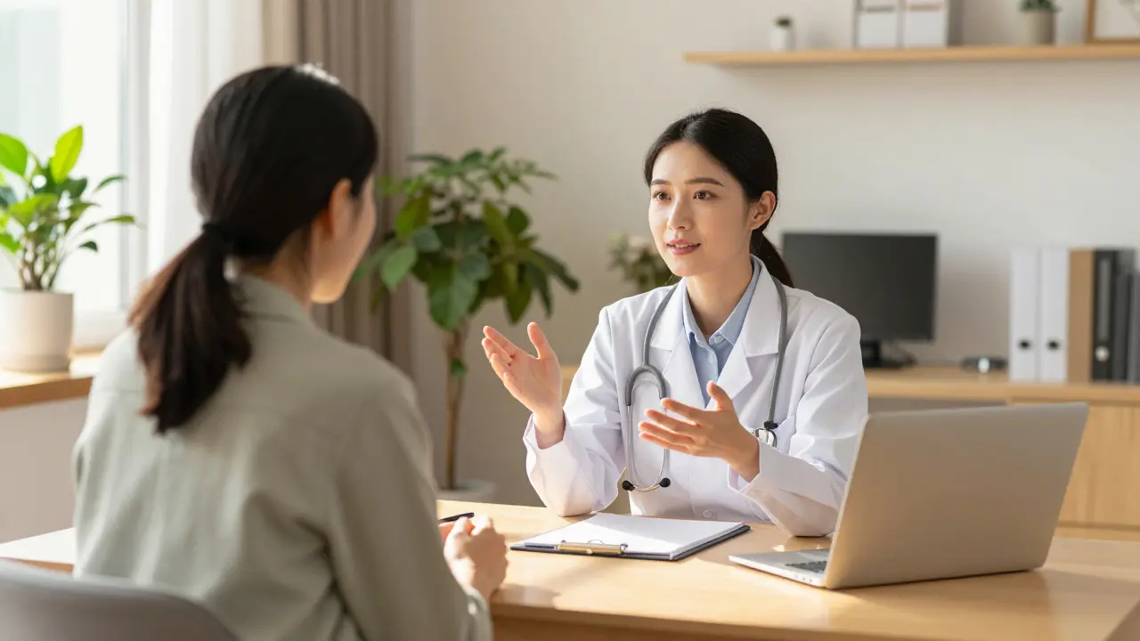 Empatická lékařka v moderní ordinaci uklidňuje svou pacientku.