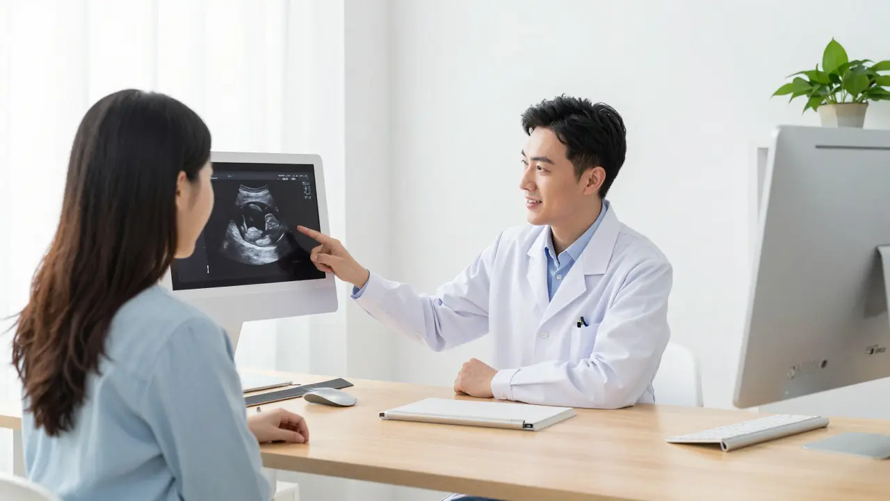 Gynekolog konzultuje zdravotní stav a možnosti pohybu s těhotnou pacientkou.