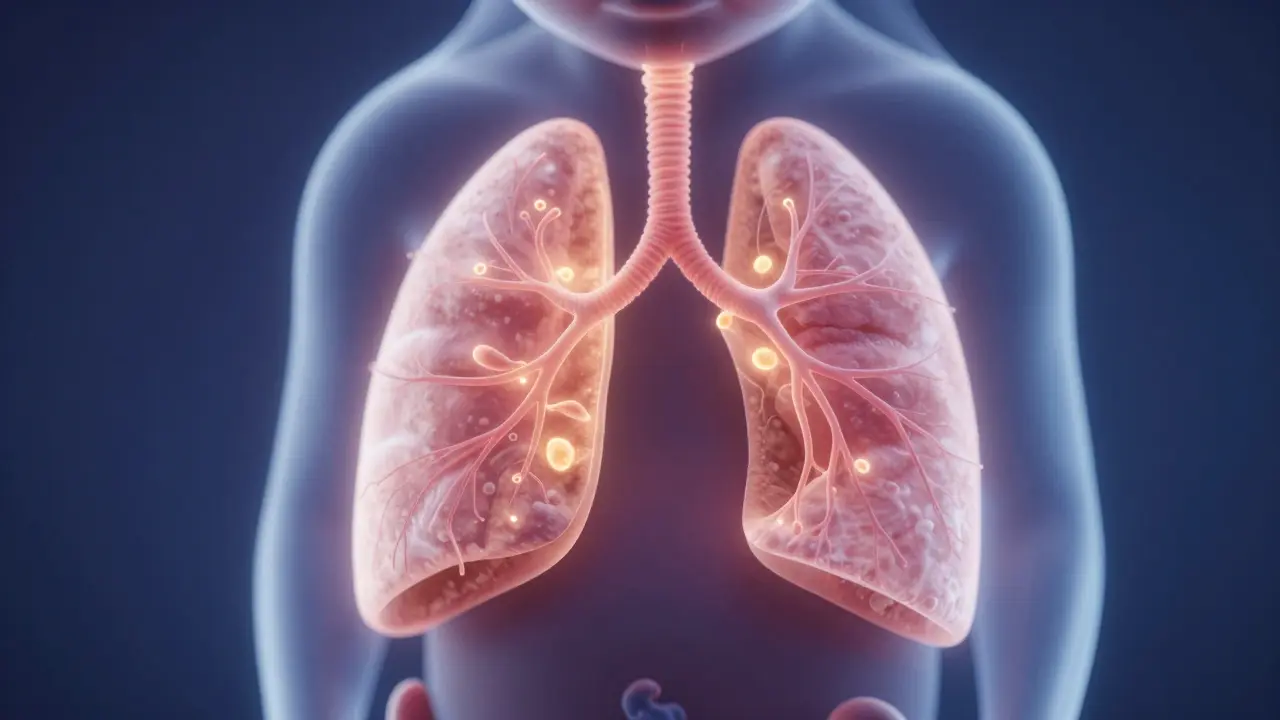 Koncepční ilustrace plic plodu v děloze znázornující jejich dozrálost.