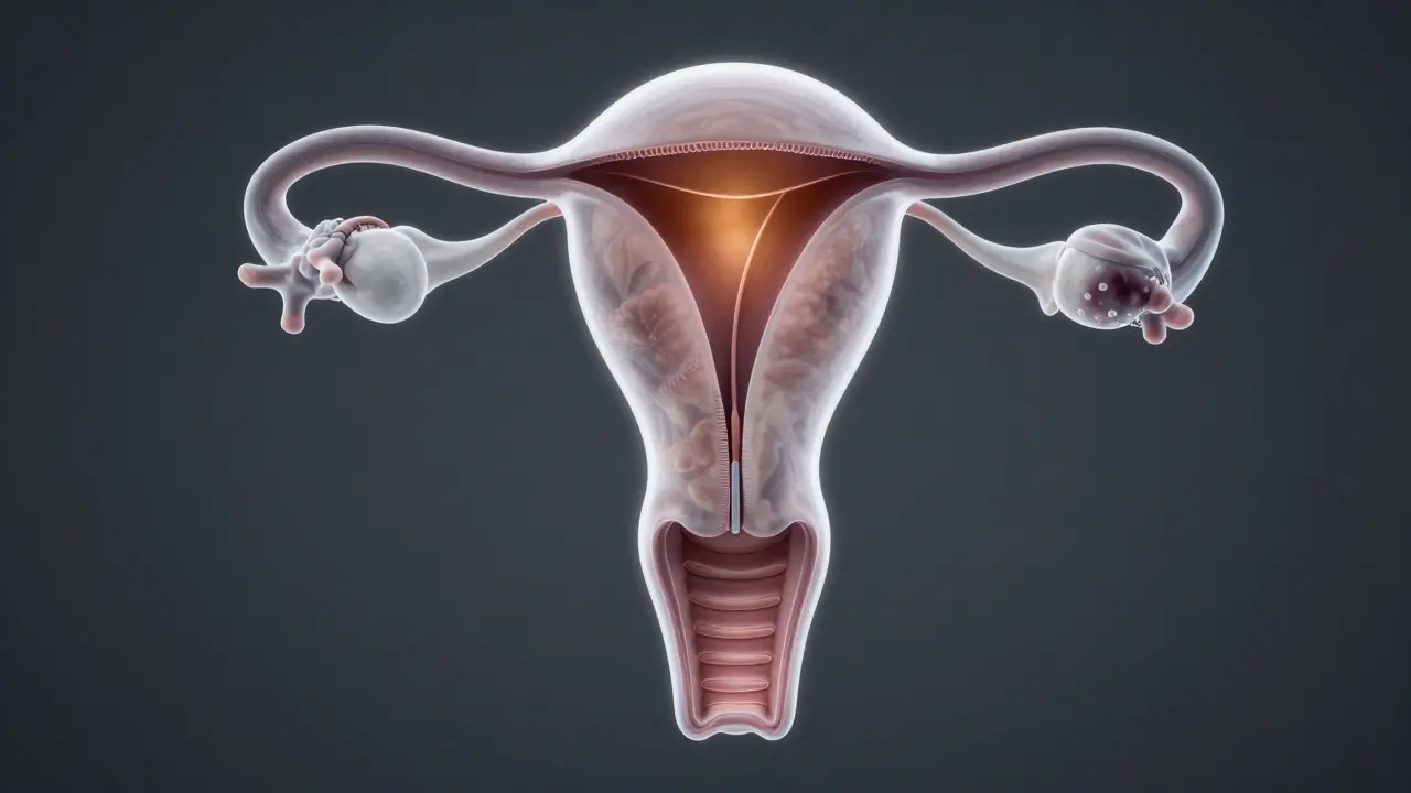 Konceptuální 3D ilustrace ženského reprodukčního systému s vyznačenými změnami.