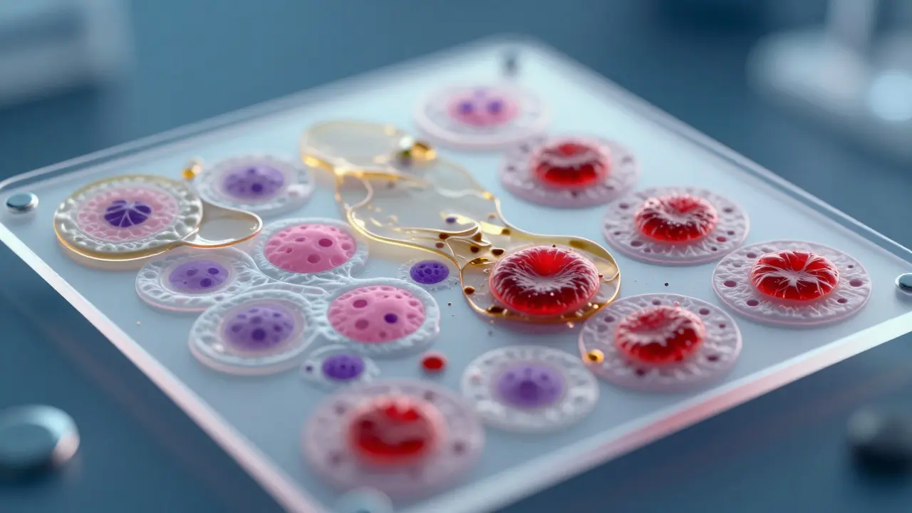 Konceptuální pohled na mikroskopické sklíčko s buňkami překrytými nečistotami.