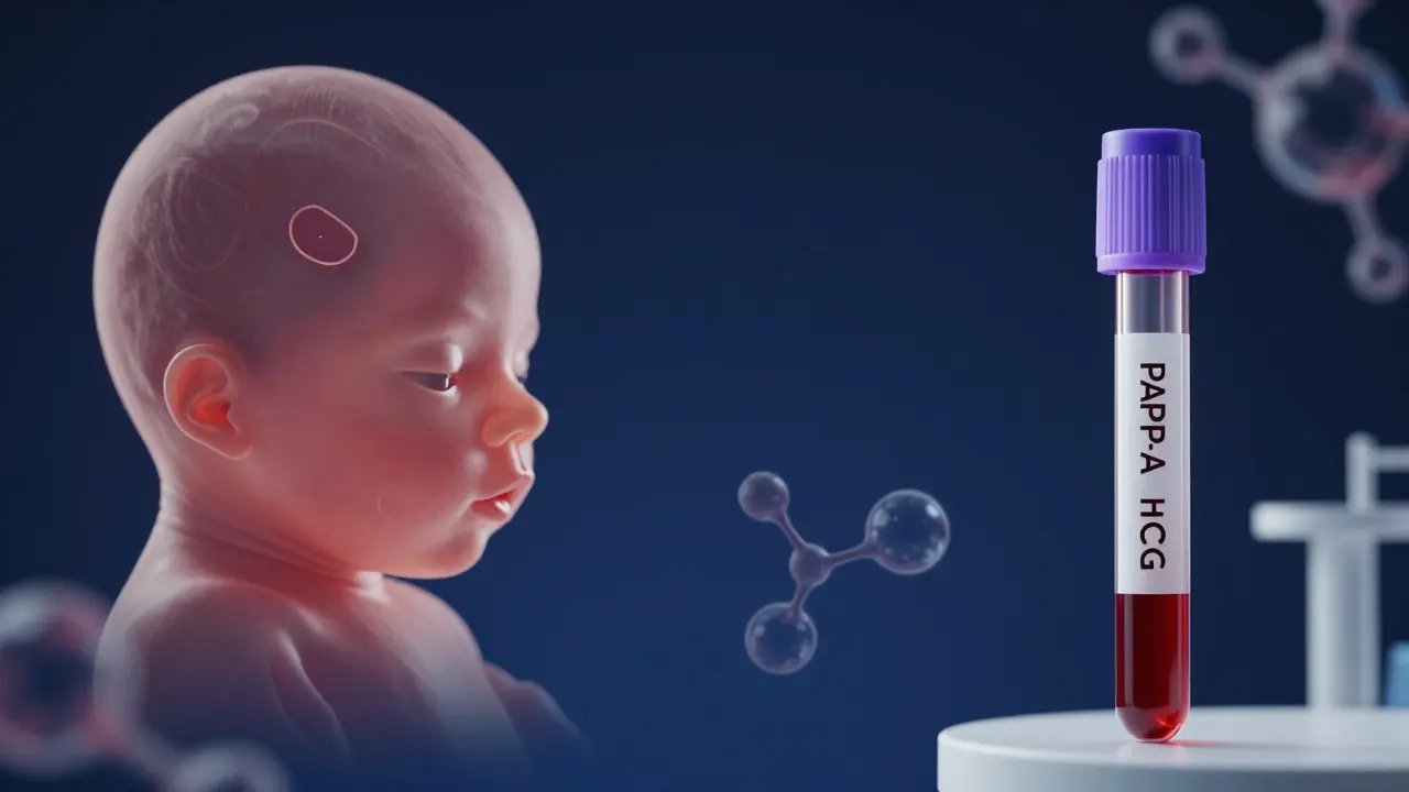 Konceptuální zobrazení ultrazvuku plodu a odběru krve pro screening.