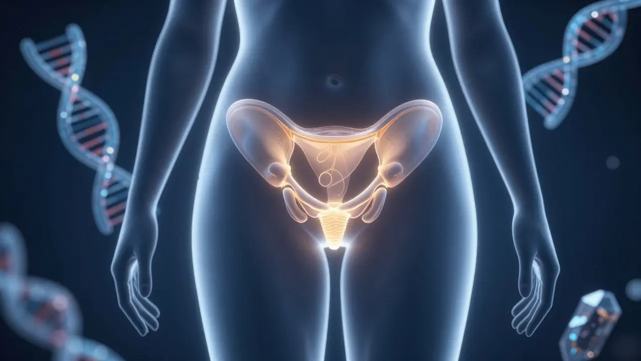 Konceptuální zobrazení ženských vaječníků a hormonů v etéřním světle.