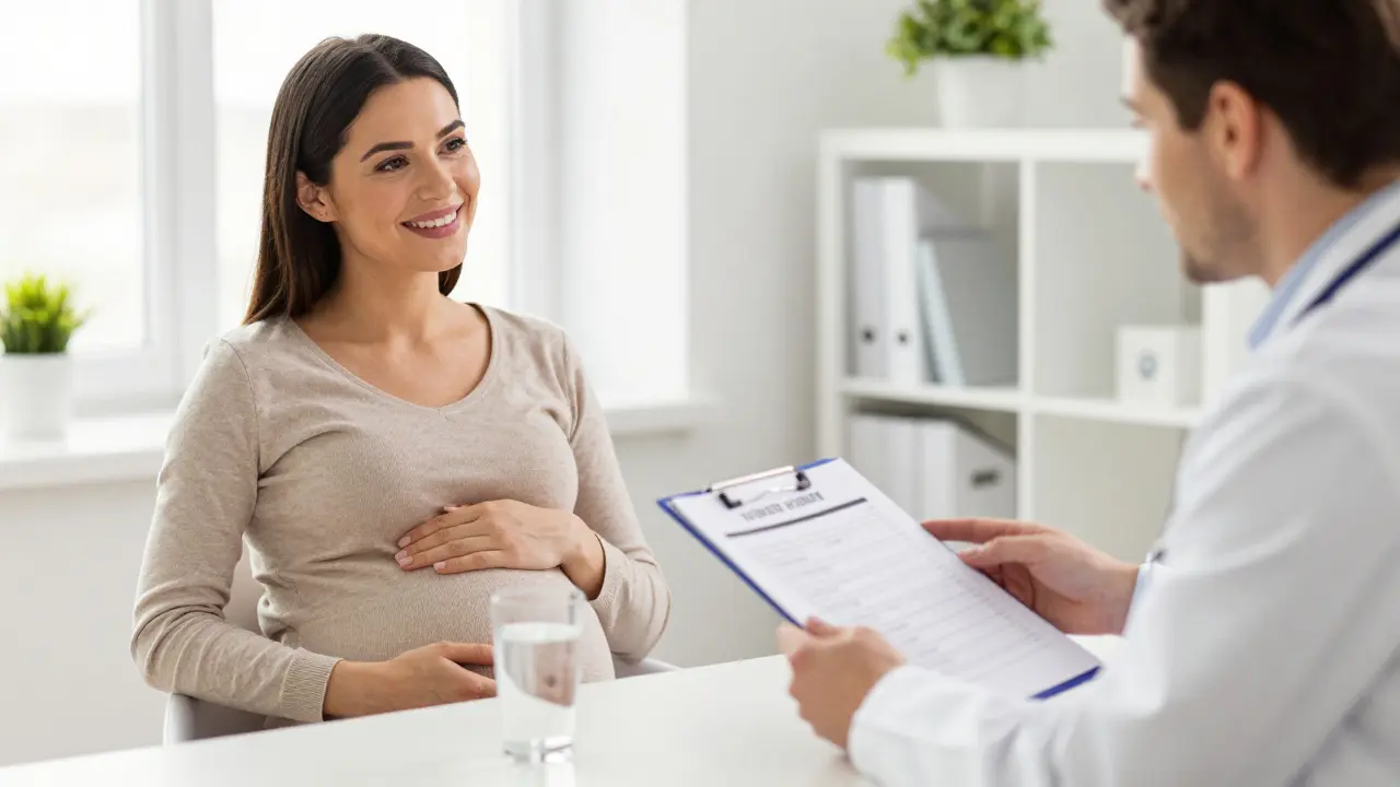 Konzultace těhotné ženy s lékařem o výsledcích vyšetření.
