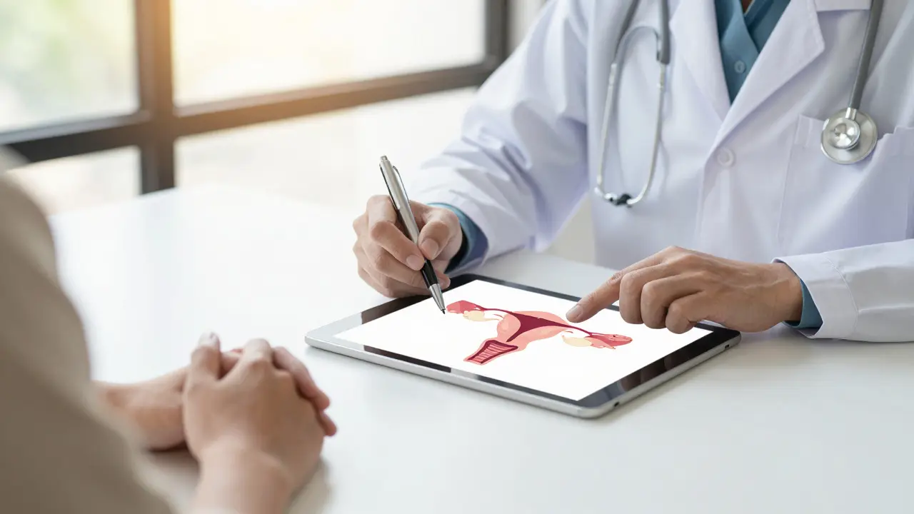 Konzultace u lékaře s diagramem reprodukčního systému na tabletu.