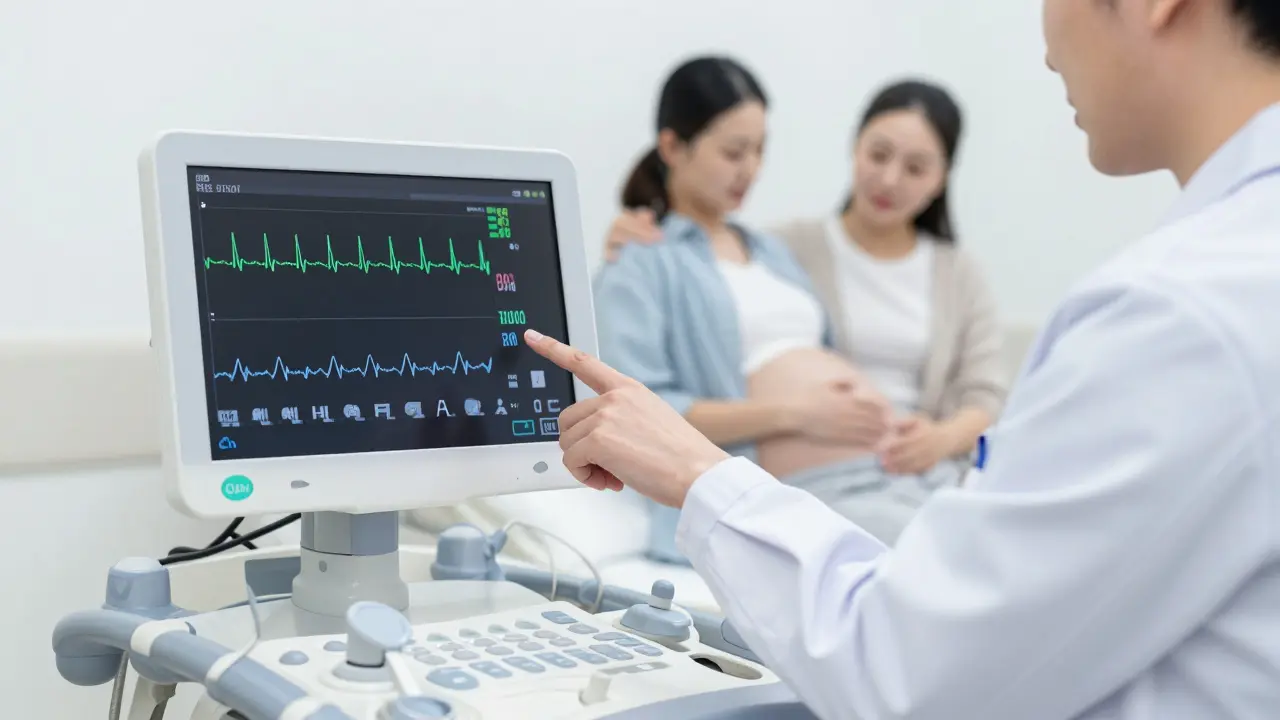 Lékař kontroluje křivku CTG na monitoru v porodnici pro zajištění bezpečného porodu.