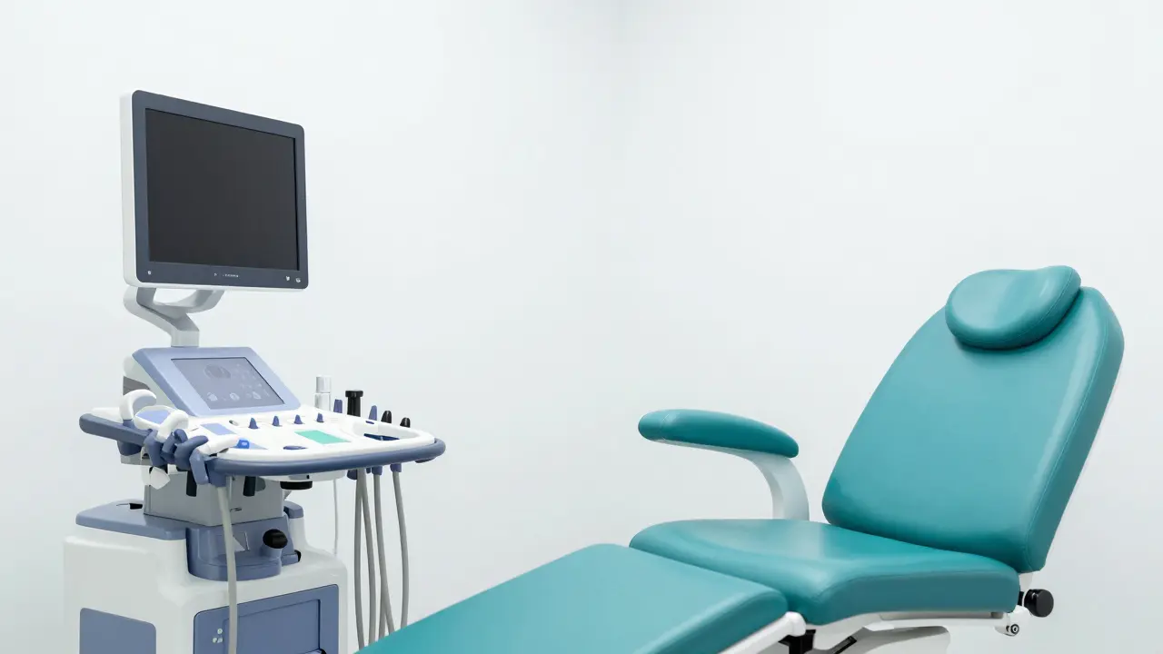 Moderní a čistá gynekologická ordinace s ultrazvkovým přístrojem.