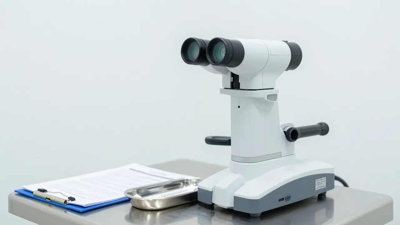 Moderní kolposkop v gynekologické ordinaci pro detailní vyšetření.