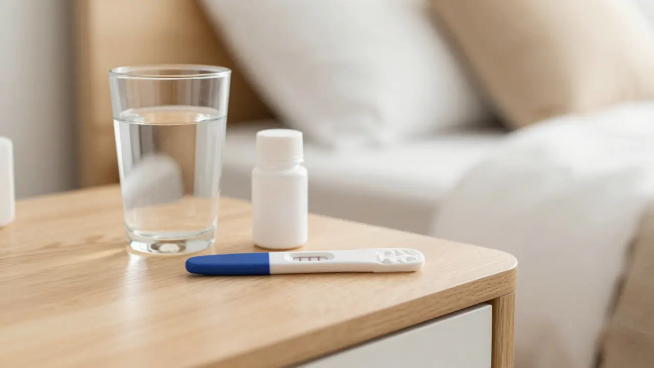 Pozitivní těhotenský test a kyselina foliová na nočním stolku v minimalistickém interiéru.