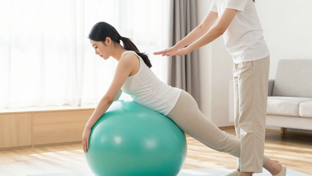 Rodící žena sedící na porodním míčku s podporou svého partnera v brightm pokoji.