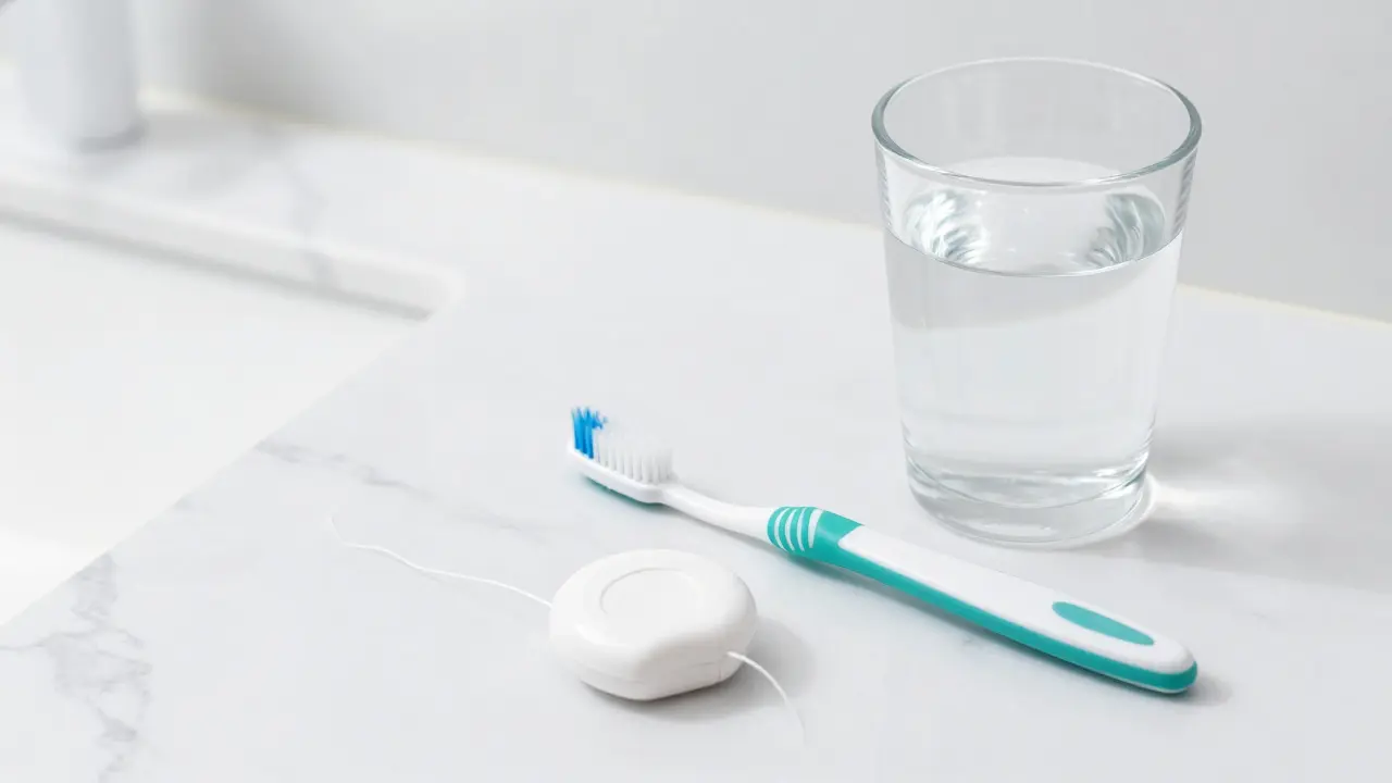 Sada pro hygienu úst s novým zubním kartáčkem a nití na mramorovém stole.