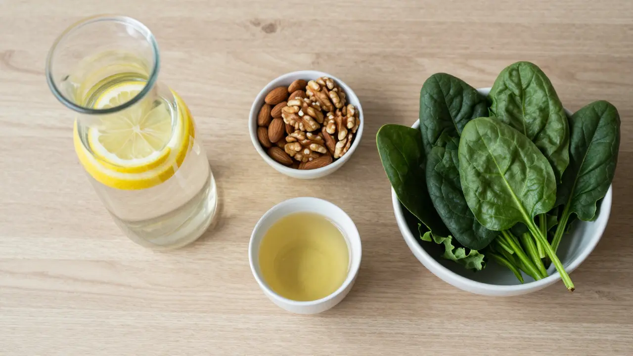 Sestava s vodou s citronem, ořechy a listovou zeleninou pro podporu kojení a energie.