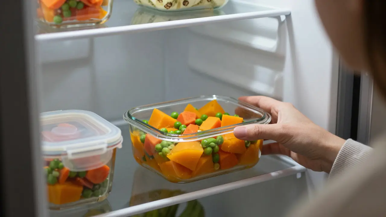 Skladiště připravených zdravýchK pokrmů v lednici pro snadnou stravu unavené maminky.