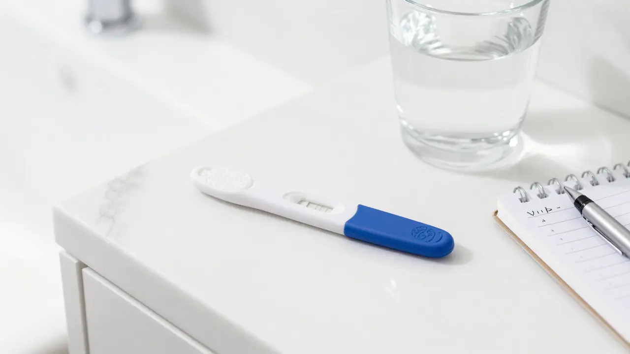 Těhotenský test na mramorovém povrchu s deníčkem symptomů