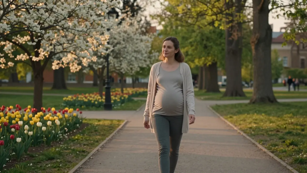 Těhotná žena na pomalé a klidné procházce v zeleném parku.