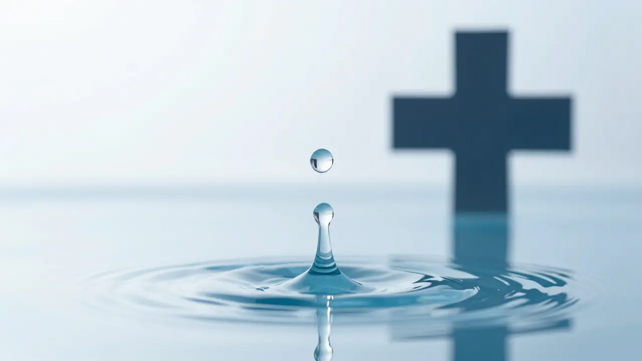 Umělecký detail kapky vody vytvárející vlnky s náznakem lékárny.