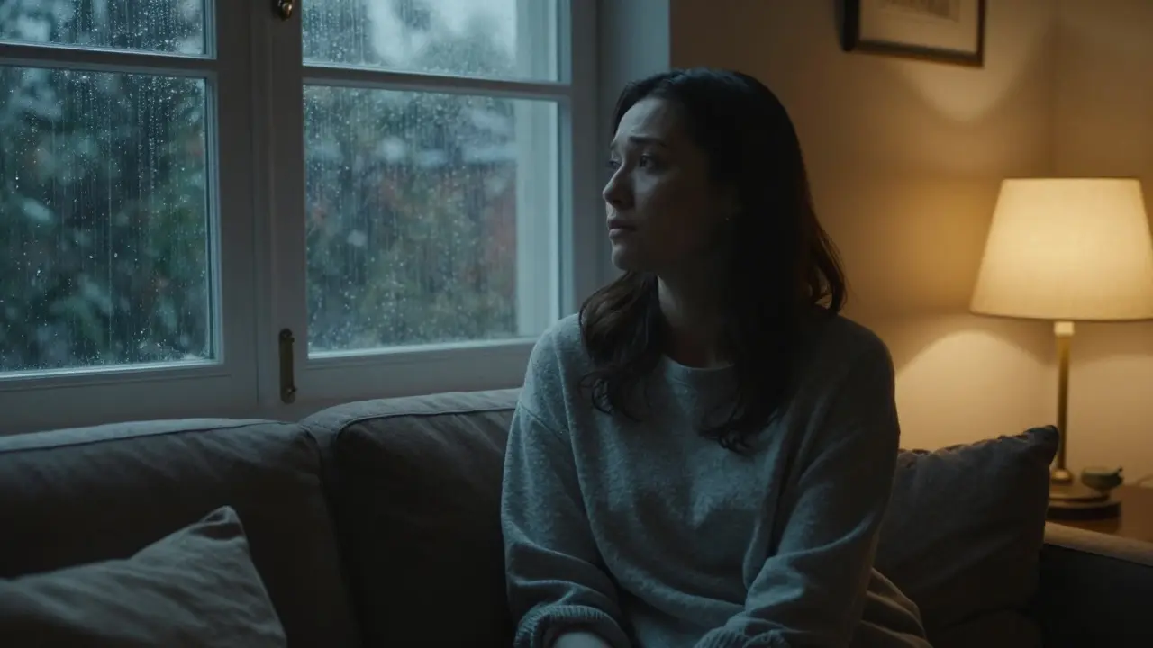 Zamyšlená žena sedí u okna a čeká na výsledky těhotenského testu.