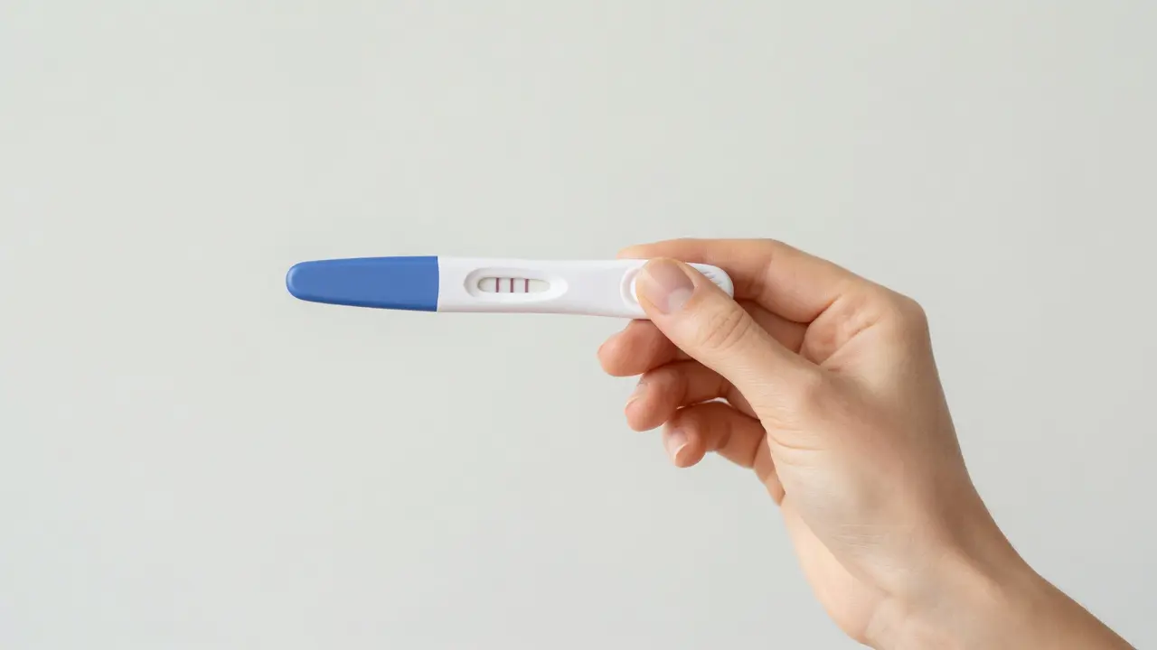 Žena drží v ruce domácí těhotenský test na neutrálním pozadí.