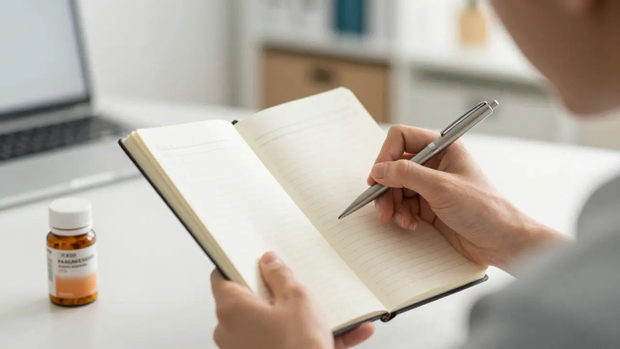 Žena si v poznámkovníku připravuje otázky před návštěvou lékaře.