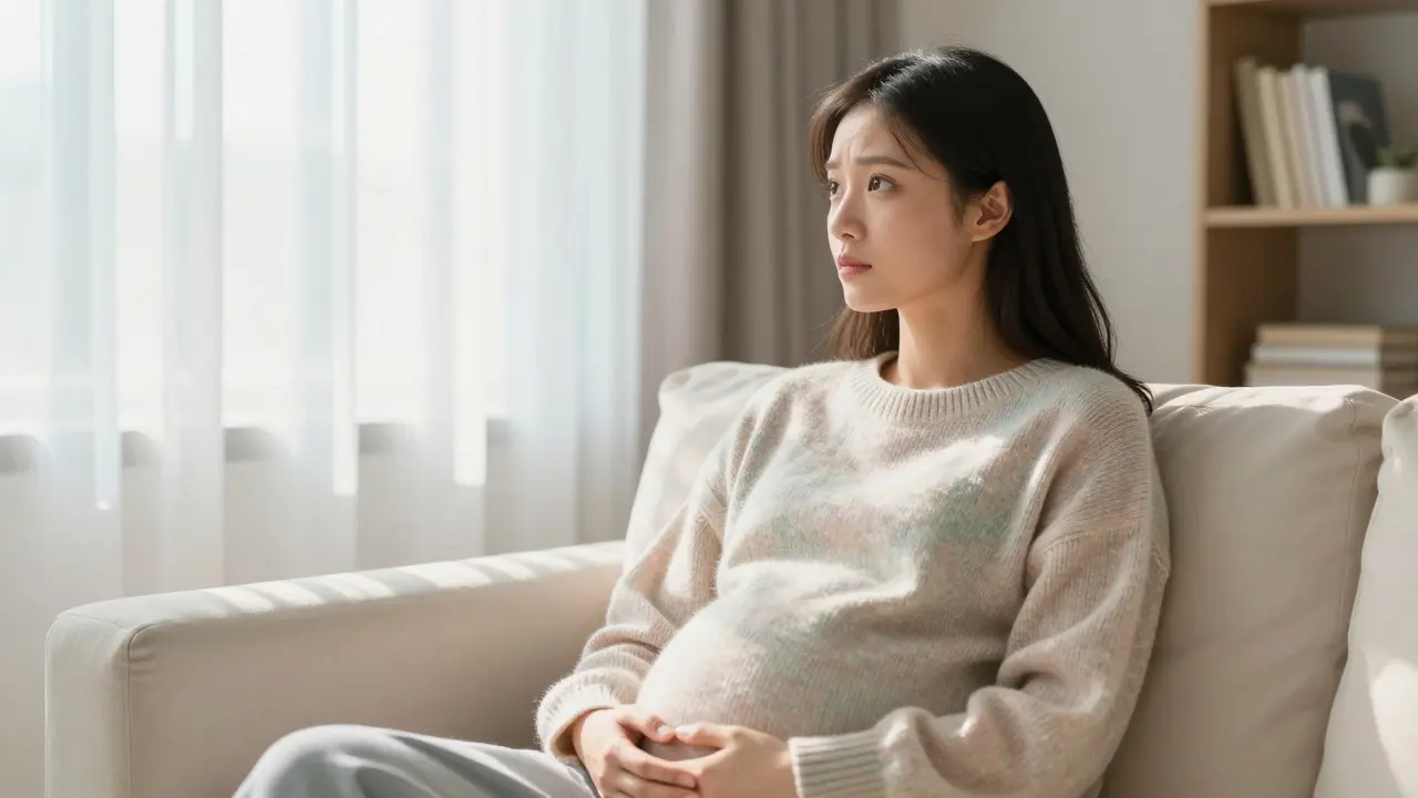 Žena v útulném oblečení s očekáváním a přemýšlením v prosvětleném obývacím pokoji.