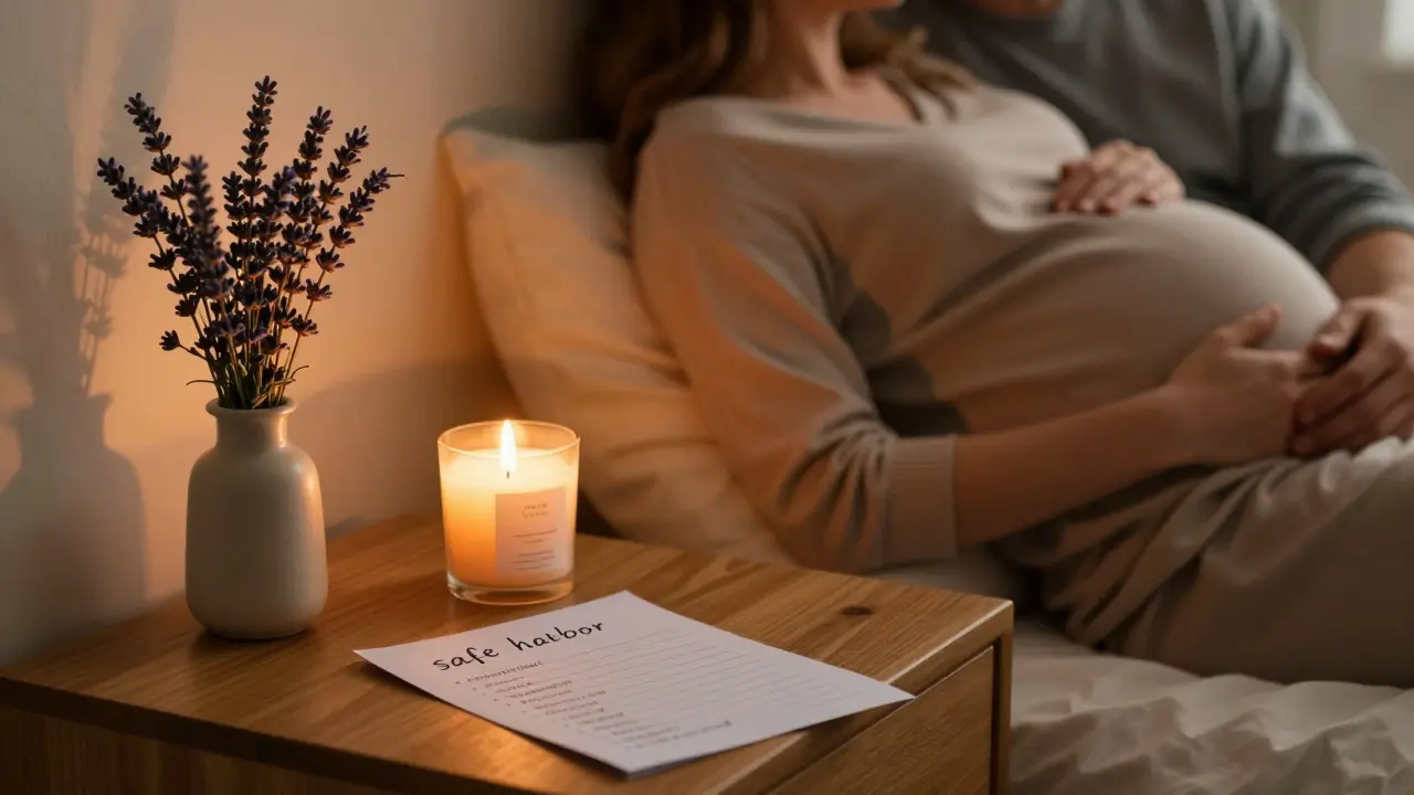 ZHeatingu svíčka, levandule a porodní plán na stole s párem v pozadí.