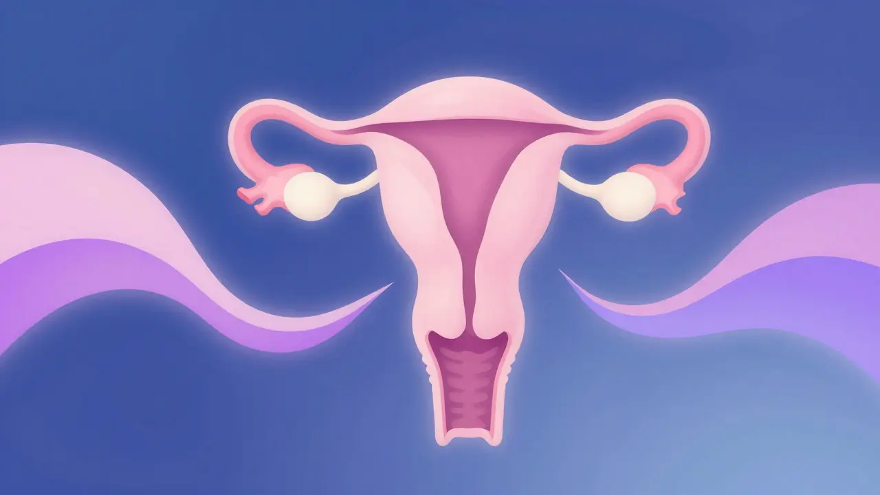 Abstraktní ilustrace hormonálních změn v těle během menstruačního cyklu s jemnými barvami.