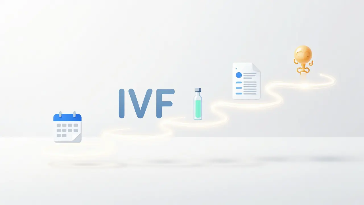 Abstraktní vizualizace časového harmonogramu IVF s fázemi diagnostiky, administrativy a stimulace.
