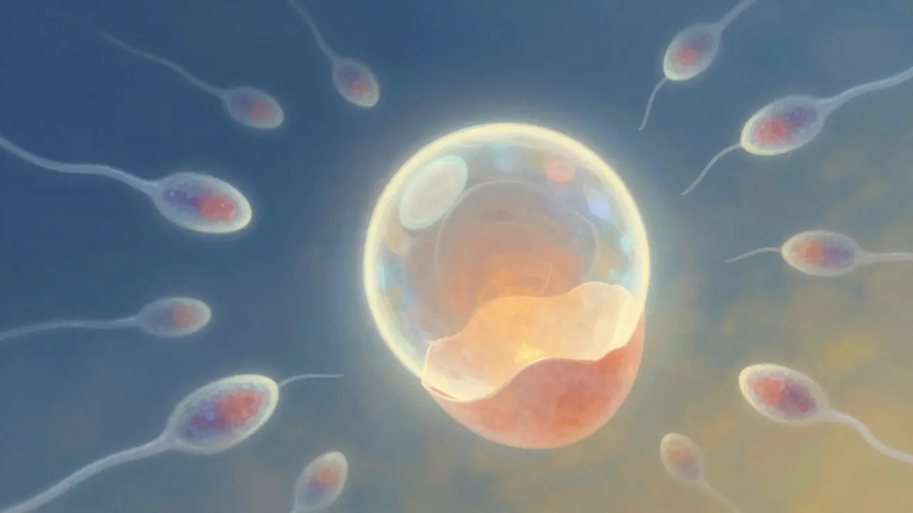 Abstraktní zobrazení uvolnění vajíčka a pohybu spermií k oplodnění