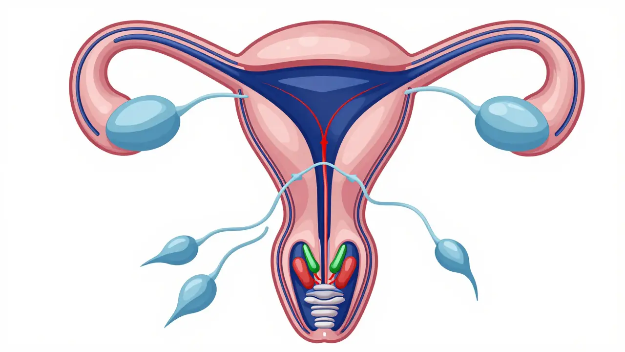 Anatomická ilustrace mužských pohlavních orgánů a spermií