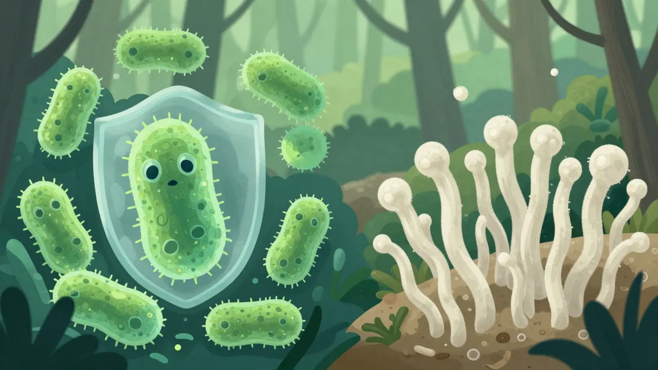 Ilustrace nerovnováhy mikroflóry mezi bakteriemi a kvasinkami