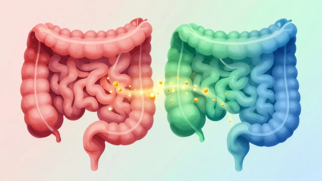 Konceptuální ilustrace obnovy střevní hygieny pomocí probiotik a prebiotik