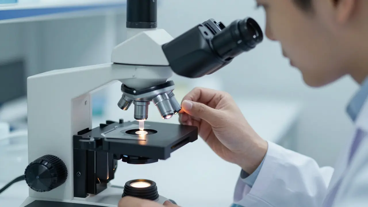 Laboratorní analýza vzorku semene pod mikroskopem