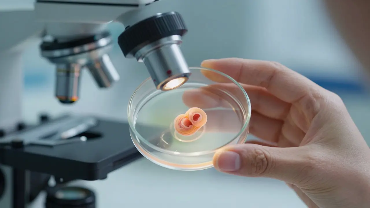 Makro záběr embrya ve skleněné mísce v laboratoři, symbolizující naději a vědecký postup.