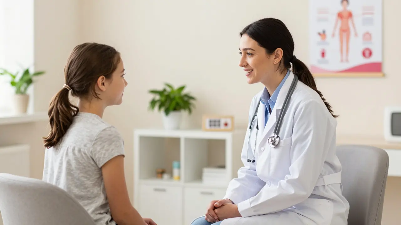 Přátelská gynekoložka hovoří s teenagerkou v ordinaci.