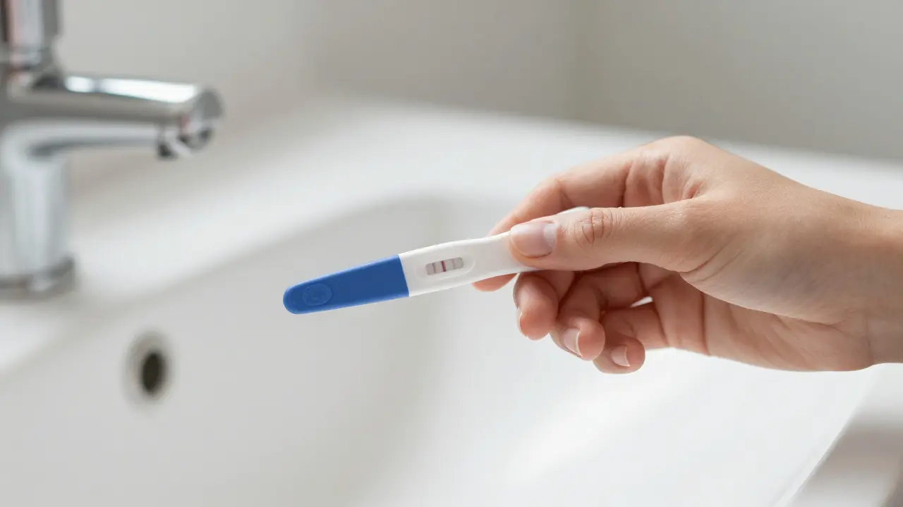 Ruka drží pozitivní těhotenský test na umyvadle za ranního světla