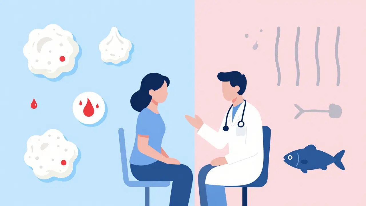 Srovnání příznaků kvasinek a bakteriální vaginózy pro diagnózu.