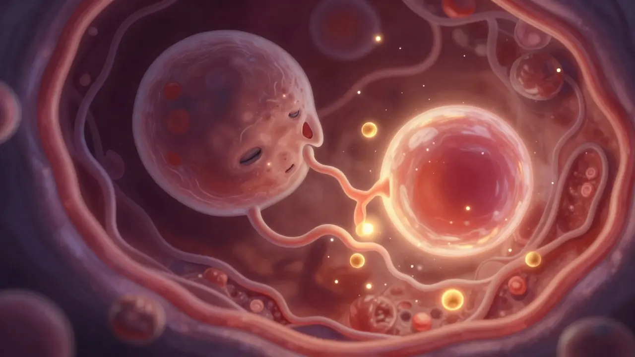 Umělecká ilustrace implantace embrya a tvorby hormonu hCG