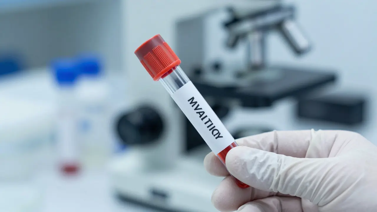 Zakoulená ruka drží zkumavku v moderní laboratoři