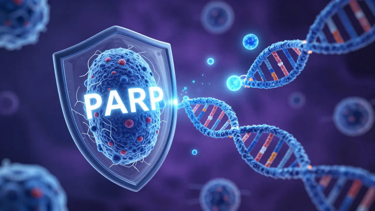 Abstraktní vizualizace cílené léčby PARP inhibitory na buněčné úrovni.