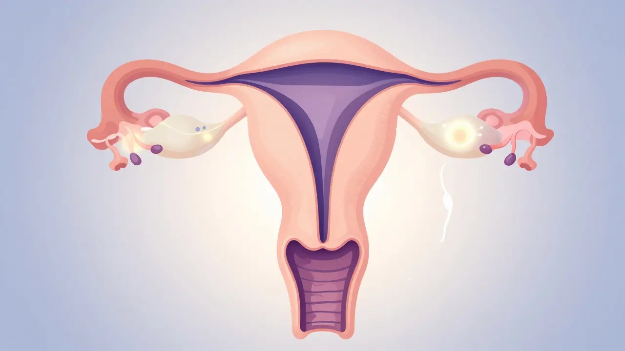 Jemná ilustrace ženského reprodukčního systému s putujícími spermiemi k vajíčku
