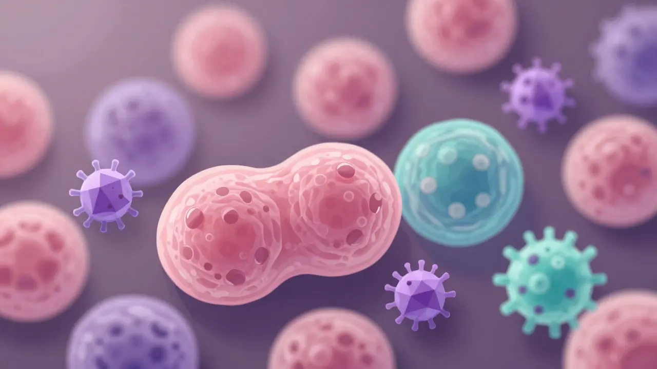Mikroskopický pohled na buňky děložního hrdla a virus HPV