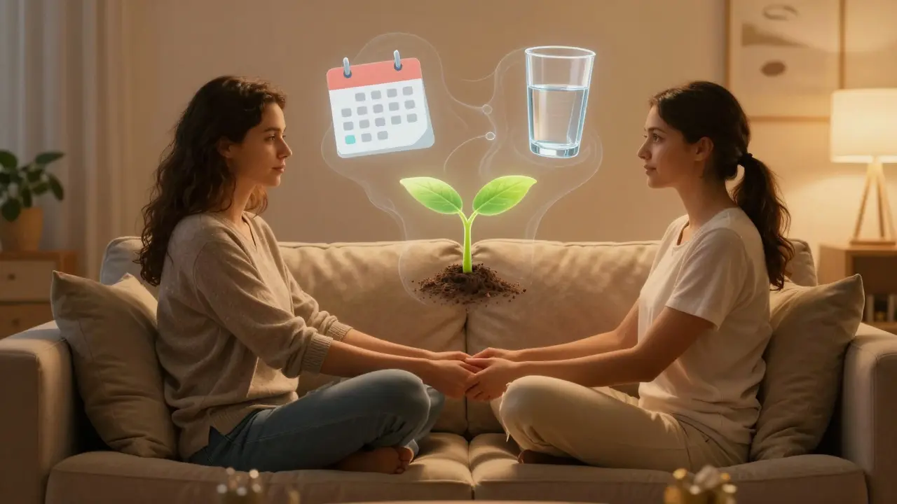 Pár sedící na gauči v relaxační atmosféře s symboly zdraví a trpělivosti