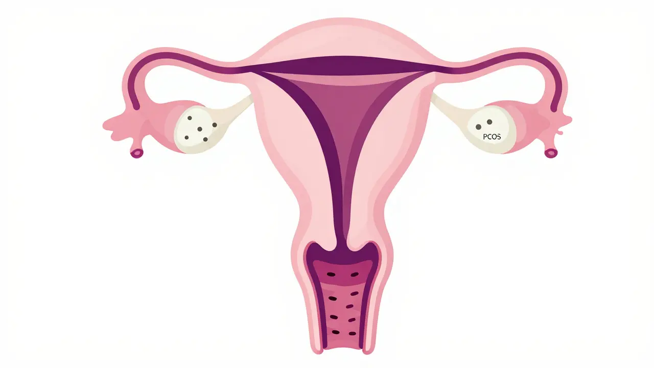 Schéma ženského reprodukčního systému s vyznačením PCOS a endometriózy