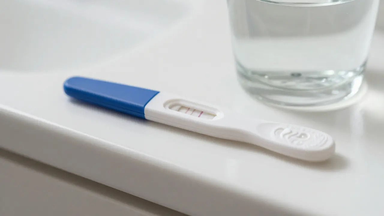 Těhotenský test s jemnou růžovou linkou na umyvadle