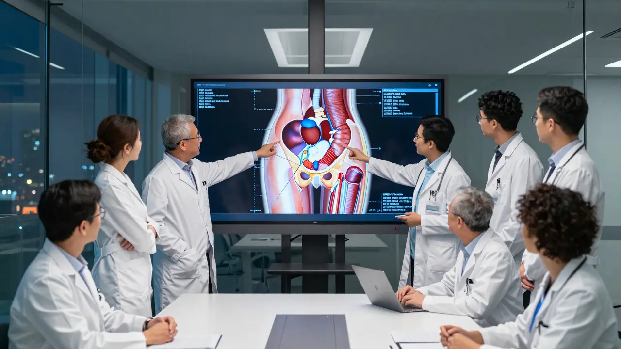 Tým lékařů diskutuje o léčbě u digitálního modelu v pražské nemocnici.