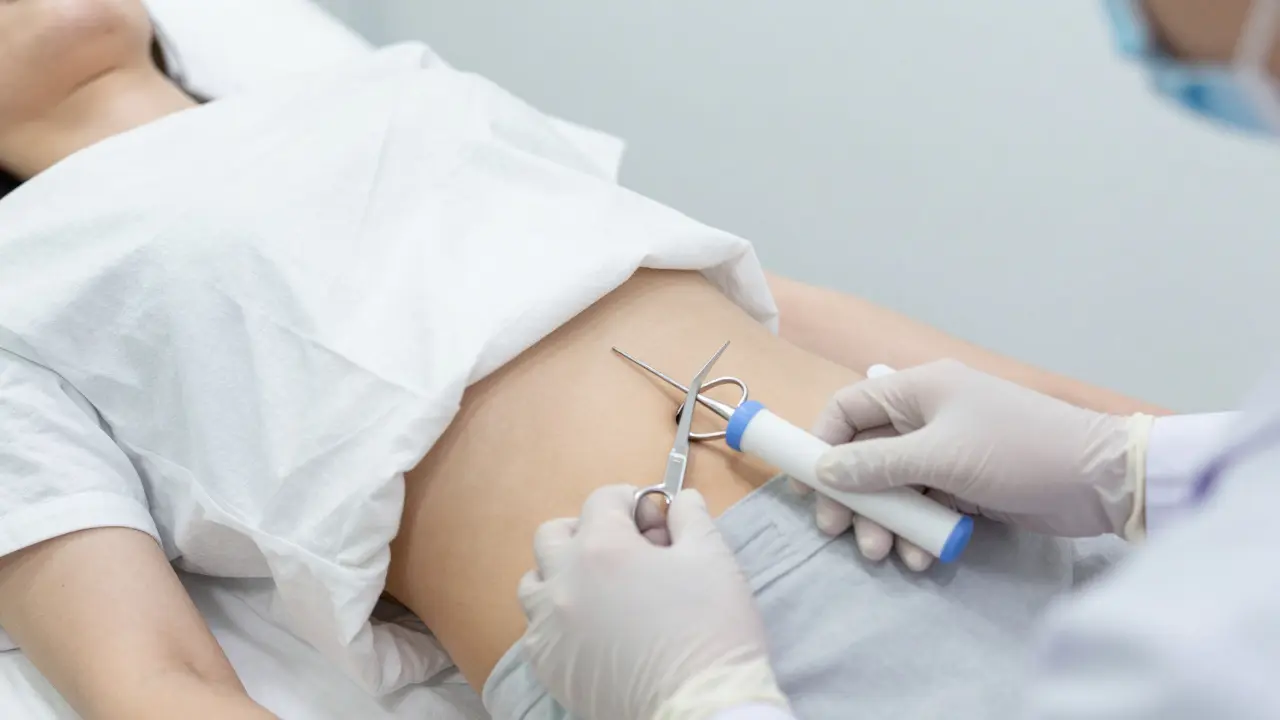 Záběr gynekologického vyšetření s lékařskou rukou a nástroji