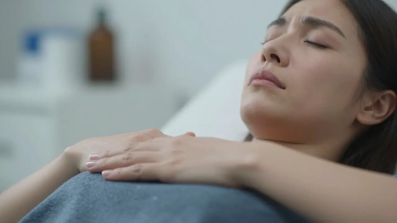 Žena praktikuje hluboké dýchání pro relaxaci před vyšetřením