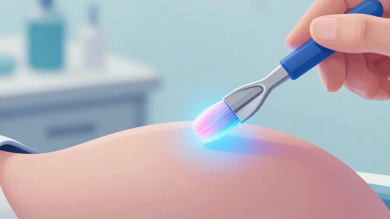Abstraktní zobrazení odběru mazivu pro cytologii při gynekologické kontrole