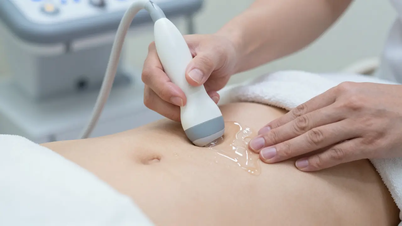 Aplikace ultrazvukového gelu na břicho při přípravě na vyšetření