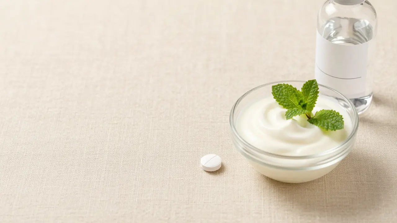 Bílá tableta a jogurt na béžovém pozadí symbolizují léčbu
